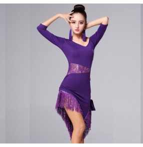 Black red purple violet fringes tassels lace sequins women's ladies female competition performance latin salsa cha cha dance dresses outfits
